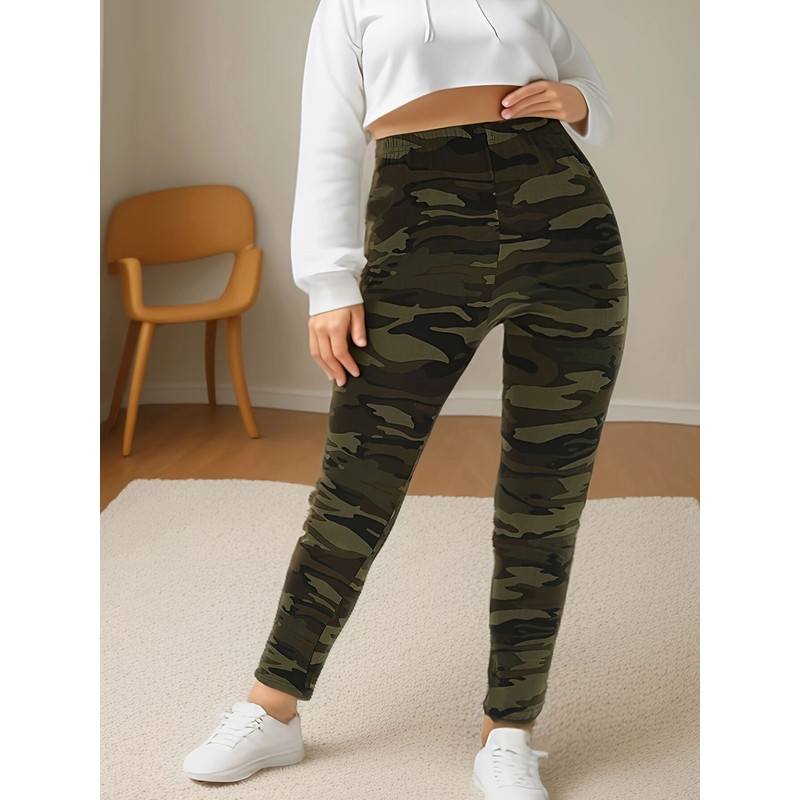 Women's Plus Size Leggings, Super Elastic Camo, Military Green Cropped Pants, Soft Sports Outerwear