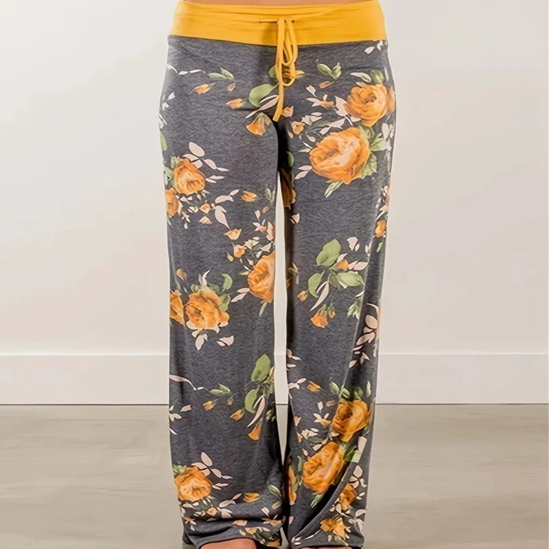 Women's Printed Wide Leg Pants, Loose and Comfortable Yoga Pants with Drawstring, Casual Comfort Wear