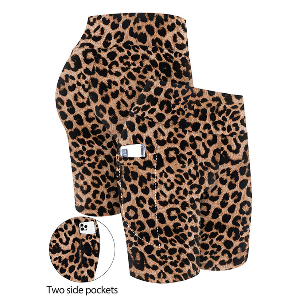 High Waist Tight Shorts, Tiger Print, Slim Fit, Bottom Lifting, Five Quarter Length, Pocketed Base Layer