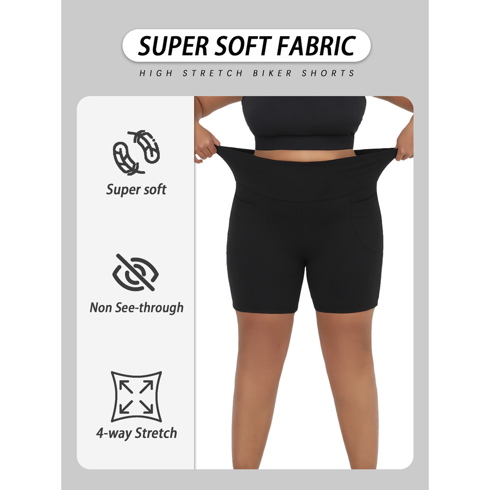 Plus Size Biker Shorts, High Waisted with Pockets, Super Soft Tummy Control, No See Through, for Womens Workout, Running