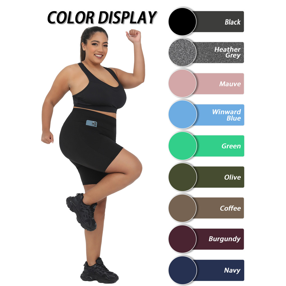 Plus Size Biker Shorts, High Waisted with Pockets, Super Soft Tummy Control, No See Through, for Womens Workout, Running