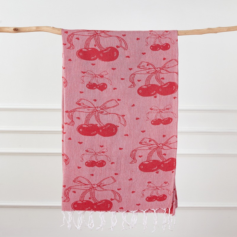 Turkish Bath Towel, Cherry Bow Beach Towel, Quick Drying, Fringed, for Sauna and Children