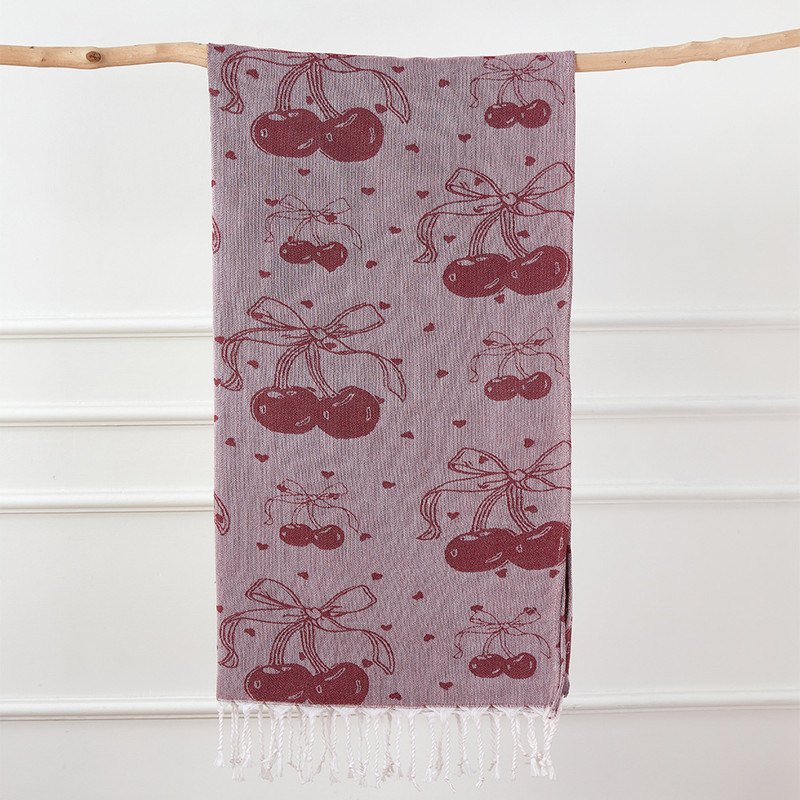 Turkish Bath Towel, Cherry Bow Beach Towel, Quick Drying, Fringed, for Sauna and Children