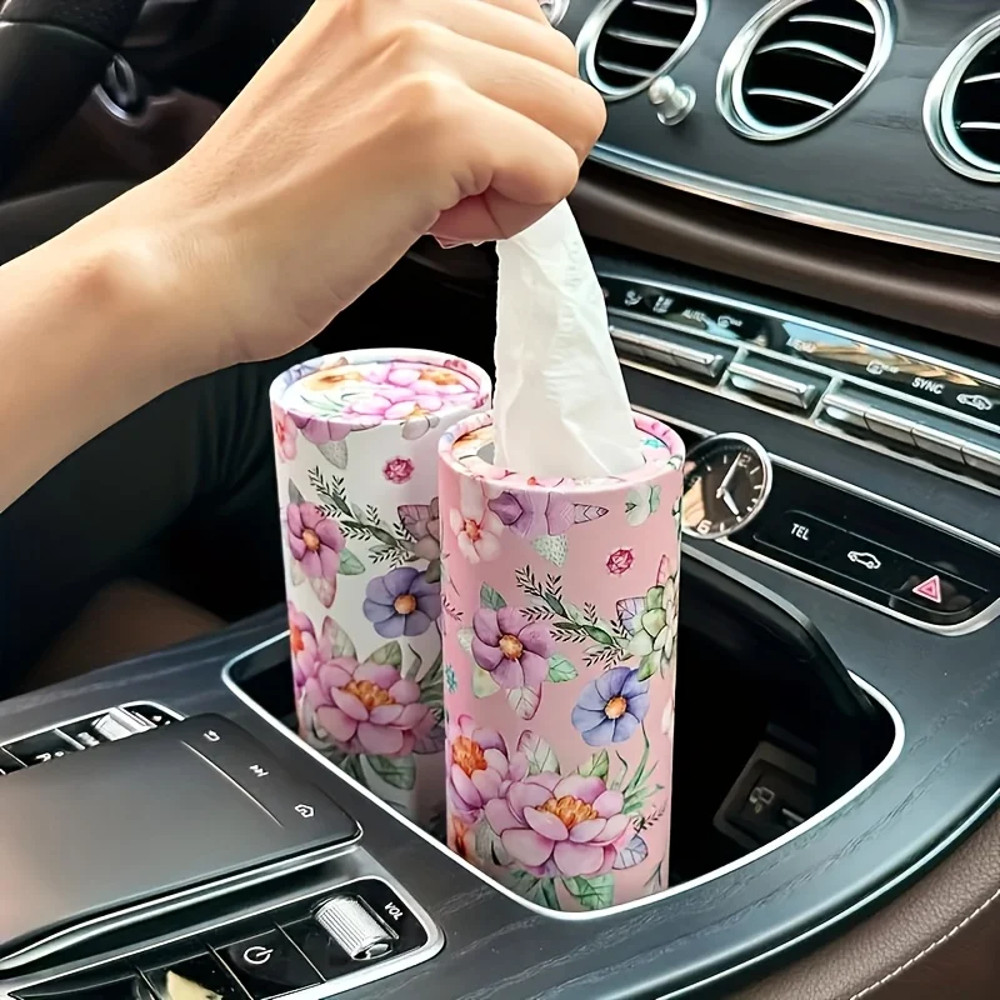 Creative Hand Drawn Paper Flower Car Tissue Holder, 2pcs Car Tissue Barrel Set, Printed Car Accessory