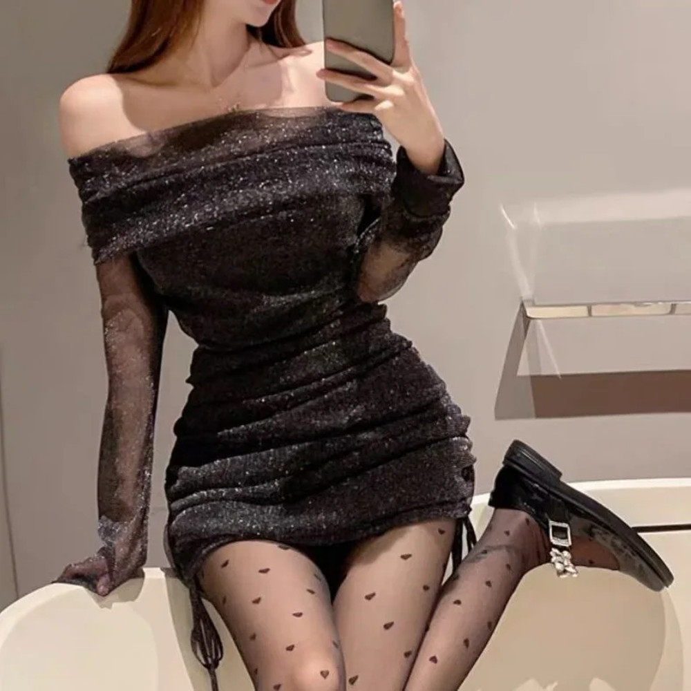 Sensual Off Shoulder Strapless Dress, Womens Early Autumn Mesh Slimming Gown, Hip Covering Bodycon Dress