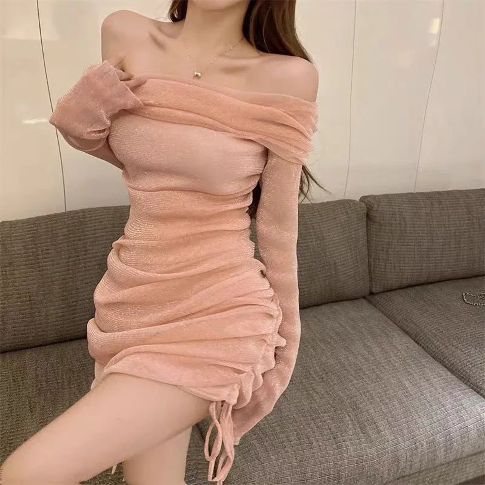 Sensual Off Shoulder Strapless Dress, Womens Early Autumn Mesh Slimming Gown, Hip Covering Bodycon Dress