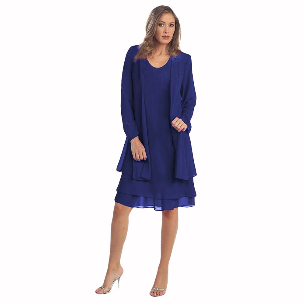 Elegant 2 Piece Chiffon Dress Set, Women Casual Long Sleeve Cardigan and Dress, Wedding Evening Party Outfit
