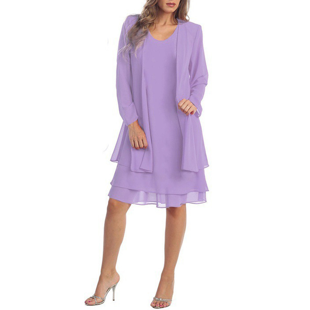 Elegant 2 Piece Chiffon Dress Set, Women Casual Long Sleeve Cardigan and Dress, Wedding Evening Party Outfit