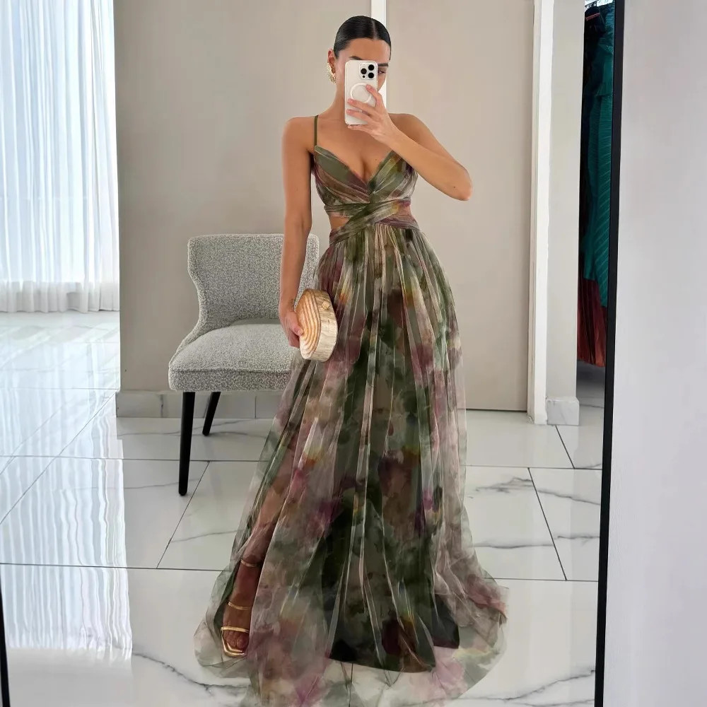 Summer Spring Off-Shoulder Lace Print Halter Dress Casual Party Holiday Dress V-Neck Floor-Length Polyester Fiber Dress