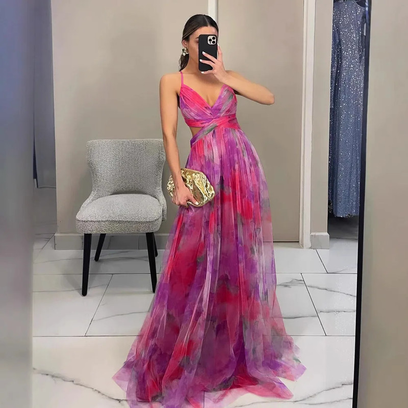 Summer Spring Off-Shoulder Lace Print Halter Dress Casual Party Holiday Dress V-Neck Floor-Length Polyester Fiber Dress