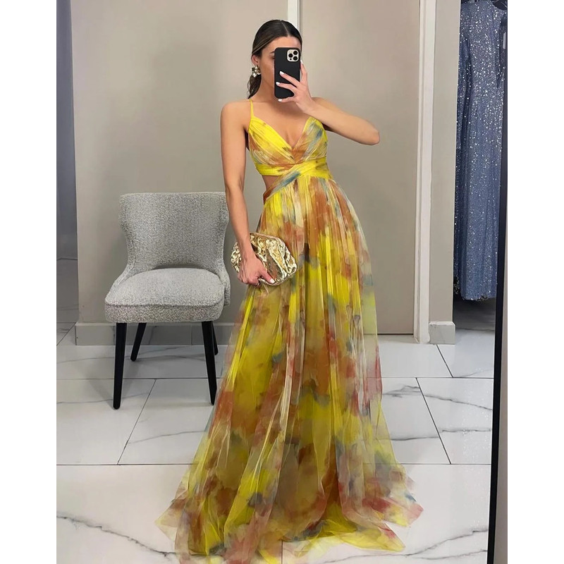 Summer Spring Off-Shoulder Lace Print Halter Dress Casual Party Holiday Dress V-Neck Floor-Length Polyester Fiber Dress
