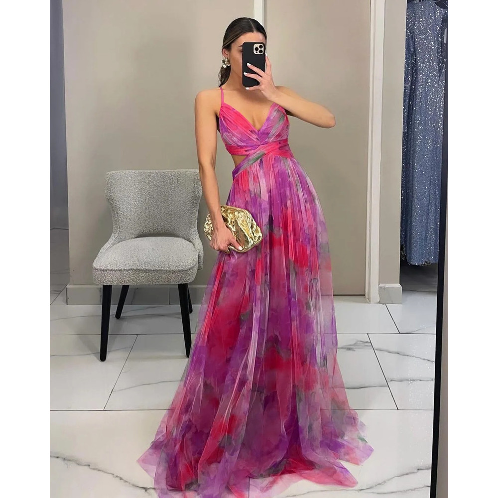 Summer Spring Off-Shoulder Lace Print Halter Dress Casual Party Holiday Dress V-Neck Floor-Length Polyester Fiber Dress