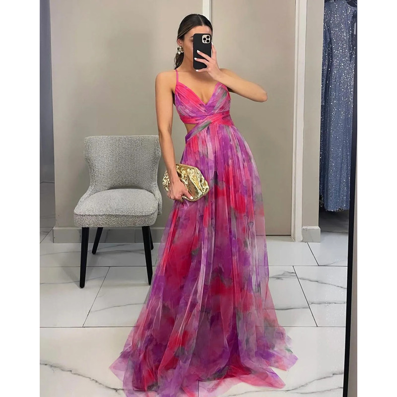 Summer Spring Off-Shoulder Lace Print Halter Dress Casual Party Holiday Dress V-Neck Floor-Length Polyester Fiber Dress