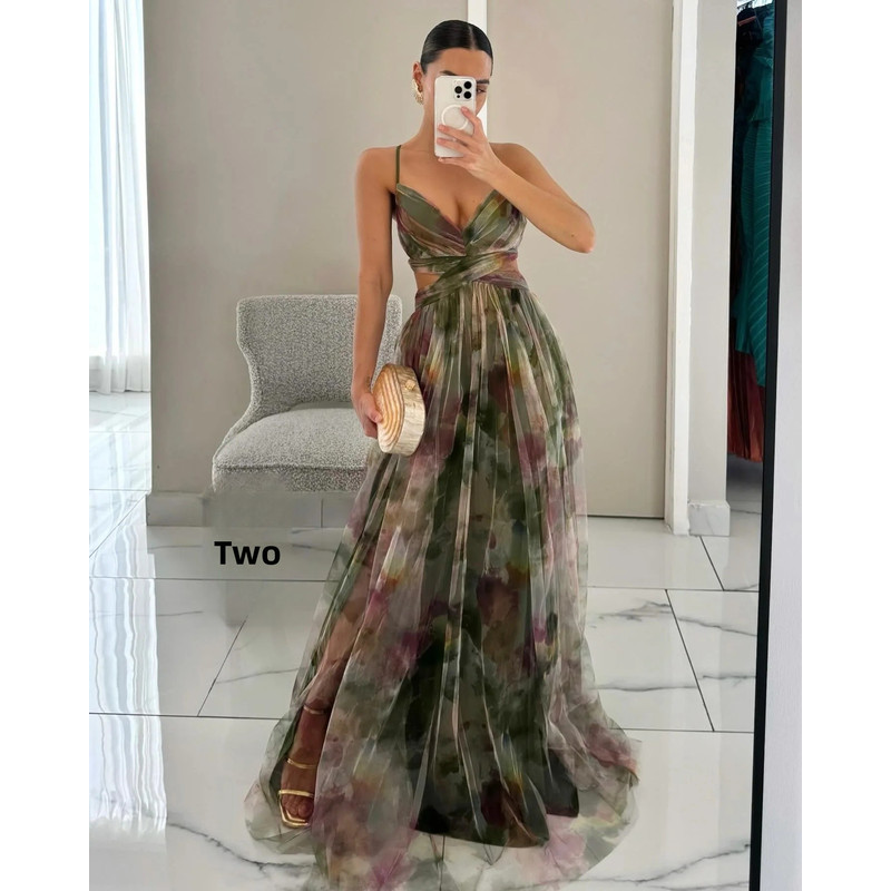 Summer Spring Off-Shoulder Lace Print Halter Dress Casual Party Holiday Dress V-Neck Floor-Length Polyester Fiber Dress