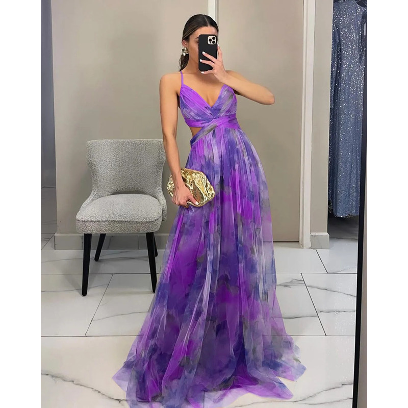 Summer Spring Off-Shoulder Lace Print Halter Dress Casual Party Holiday Dress V-Neck Floor-Length Polyester Fiber Dress