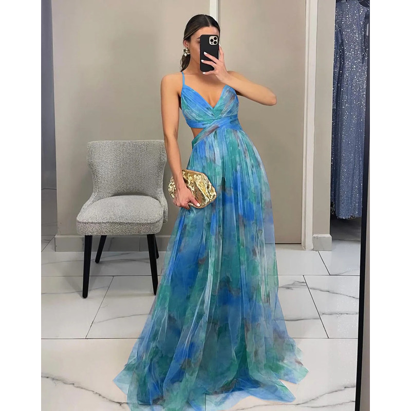 Summer Spring Off-Shoulder Lace Print Halter Dress Casual Party Holiday Dress V-Neck Floor-Length Polyester Fiber Dress