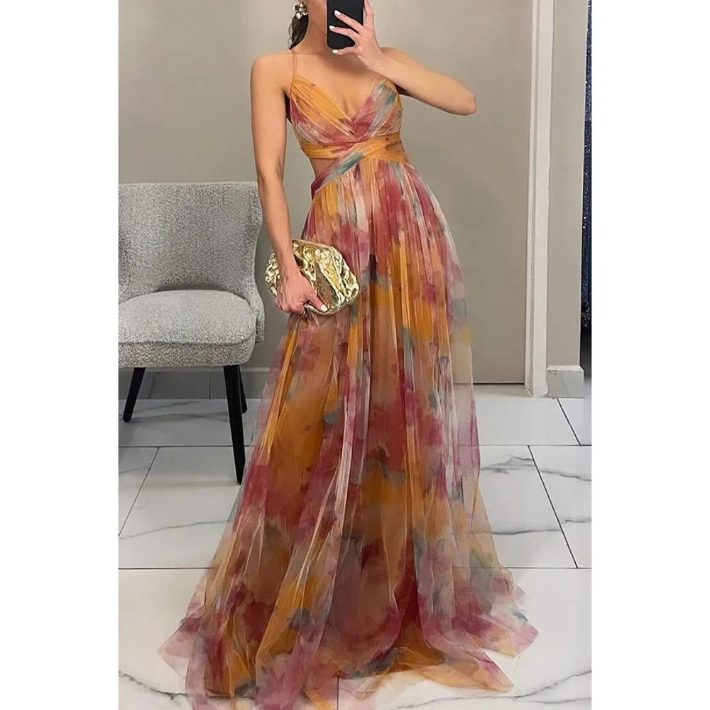 Summer Spring Off-Shoulder Lace Print Halter Dress Casual Party Holiday Dress V-Neck Floor-Length Polyester Fiber Dress
