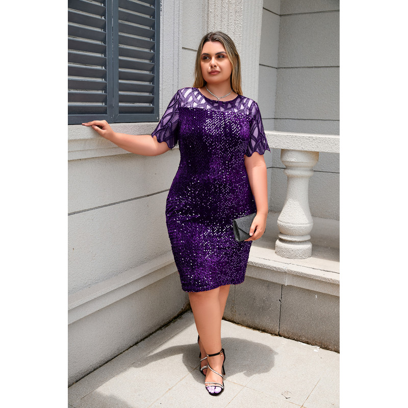 Elegant Sequin Evening Dress, Lace Bodycon Midi Robe, Women's Wedding Party Dress, Summer Casual Short Sleeve Mesh