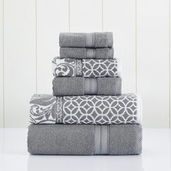 modern threads reversible jacquard towel set, 6 piece bath towels and hand towels, trefoil filigree design, yarn dyed