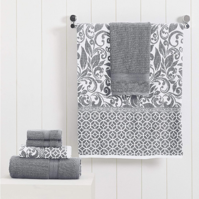 Modern Threads Reversible Jacquard Towel Set, 6 Piece Bath Towels and Hand Towels, Trefoil Filigree Design, Yarn Dyed