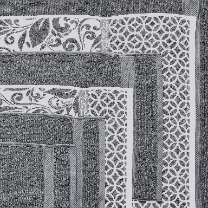 Modern Threads Reversible Jacquard Towel Set, 6 Piece Bath Towels and Hand Towels, Trefoil Filigree Design, Yarn Dyed