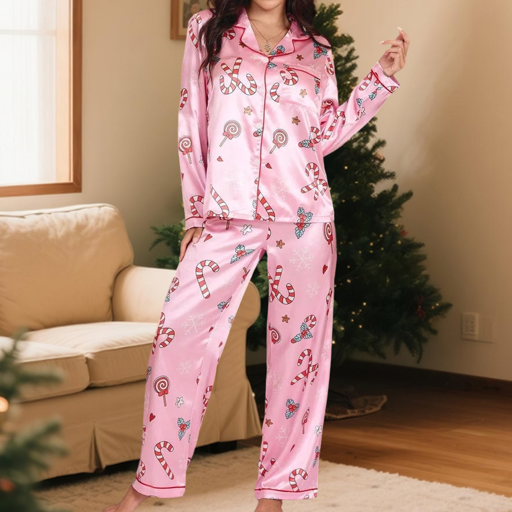 Women's Christmas Pajamas Set, 2 Piece Print Lounge Wear with V Neck Top and Pants