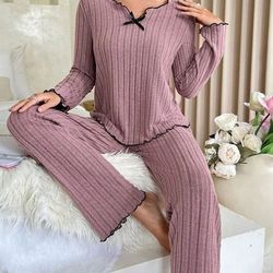 women's cozy winter pajama set, long sleeve top and trousers, 2 piece loungewear, casual homewear