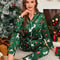 Christmas Reindeer Print Pajama Set for Adults, Satin Long Sleeve Loungewear, Lapel Collar Party Pajamas