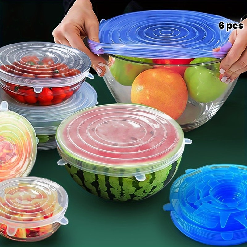 Premium Reusable Silicone Stretch Lids Set Sizes of airtight food covers & dishwasher safe container lids
