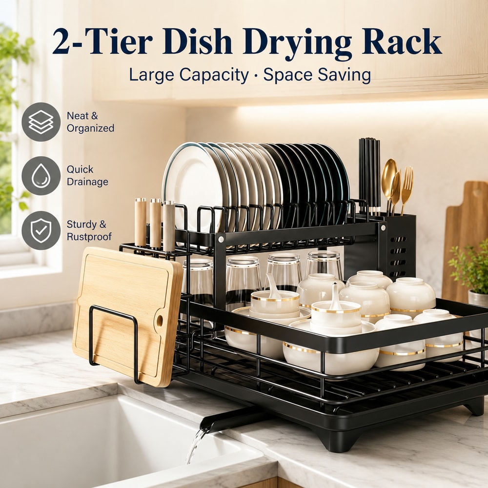 Large Capacity Tier Dish Drying Rack with Rotating Drain Spout & Utensil Cutting Board Holder Countertop Kitchen Org