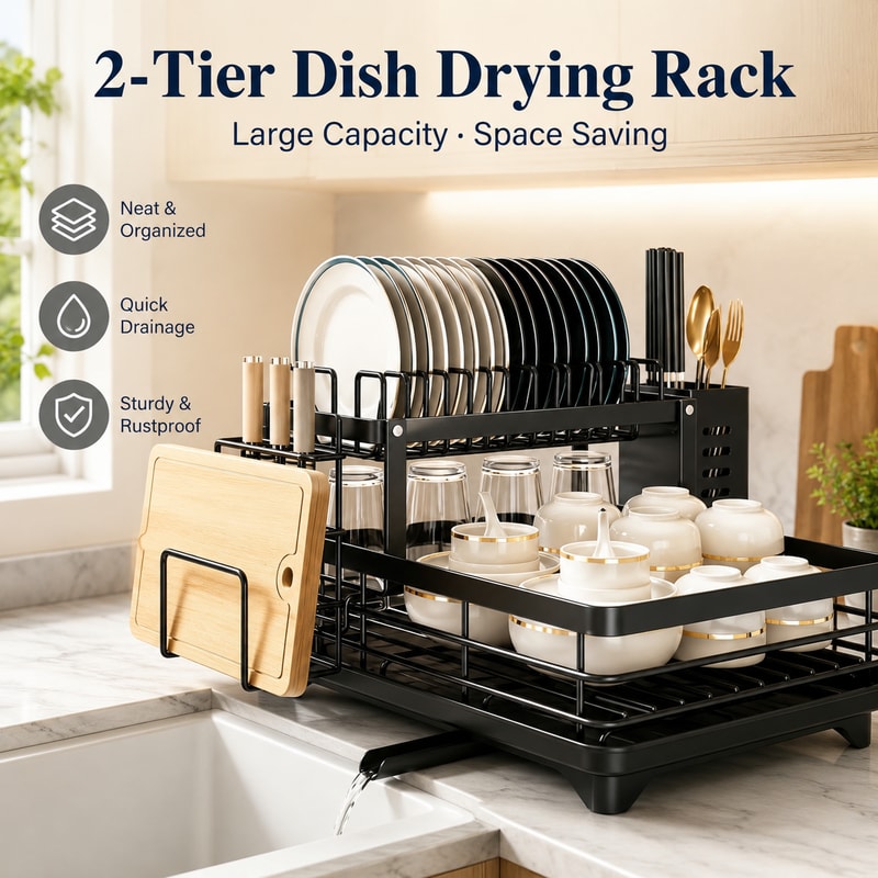 Large Capacity Tier Dish Drying Rack with Rotating Drain Spout & Utensil Cutting Board Holder Countertop Kitchen Org