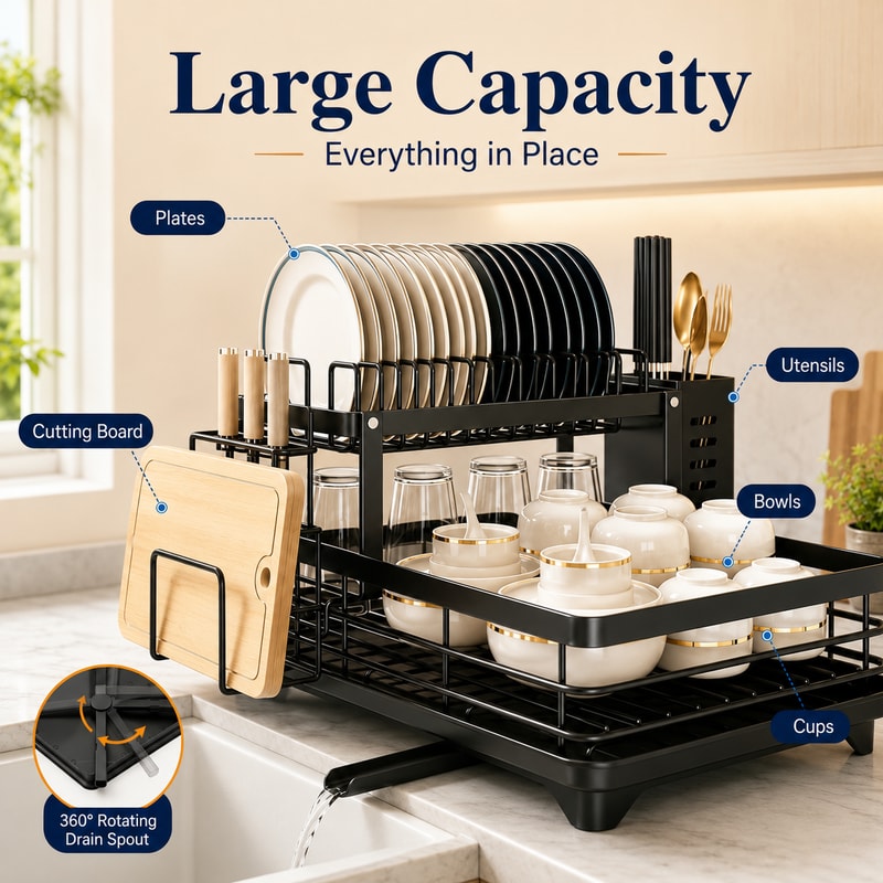 Large Capacity Tier Dish Drying Rack with Rotating Drain Spout & Utensil Cutting Board Holder Countertop Kitchen Org