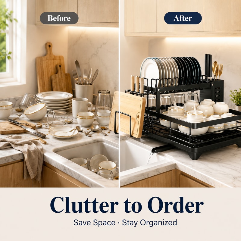 Large Capacity Tier Dish Drying Rack with Rotating Drain Spout & Utensil Cutting Board Holder Countertop Kitchen Org