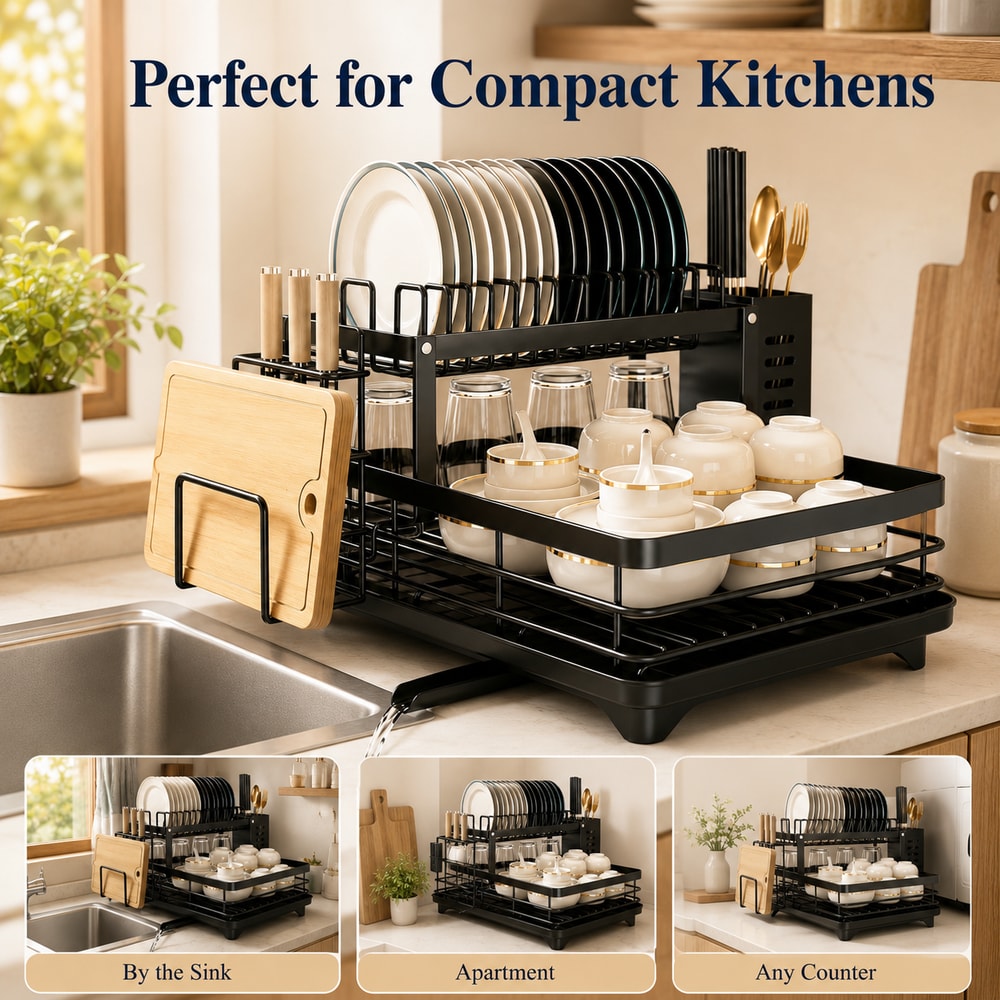 Large Capacity Tier Dish Drying Rack with Rotating Drain Spout & Utensil Cutting Board Holder Countertop Kitchen Org