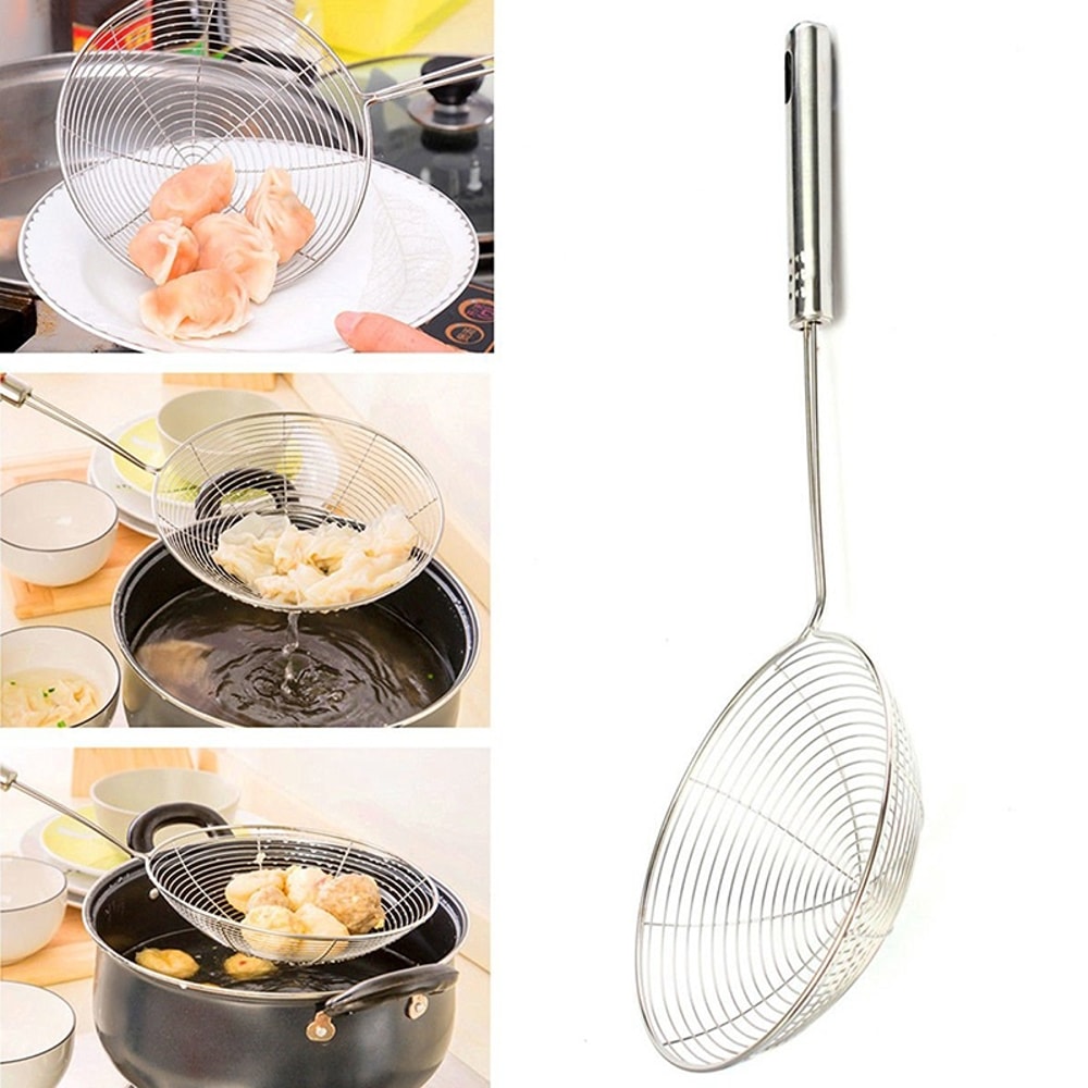 Stainless Steel Frying Strainer with Long Handle Deep Fry Basket & Kitchen Sieve Tool