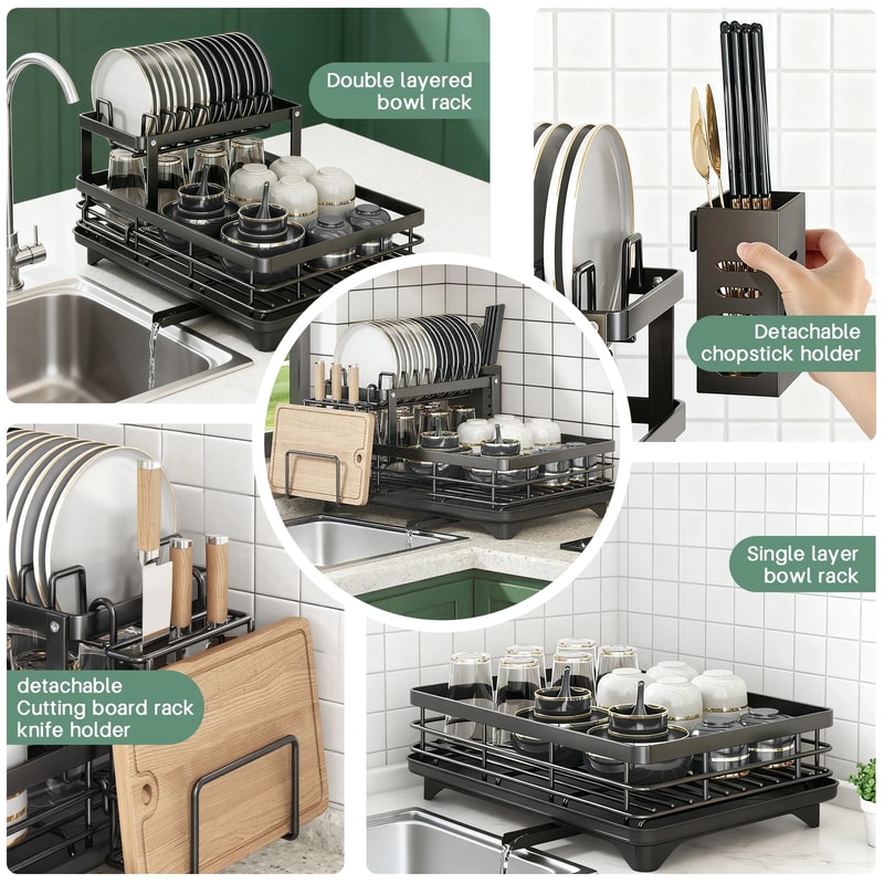 Premium Tier Kitchen Dish Rack with Drainboard Space Saving Countertop Dish Drying Rack & Cutlery Holder