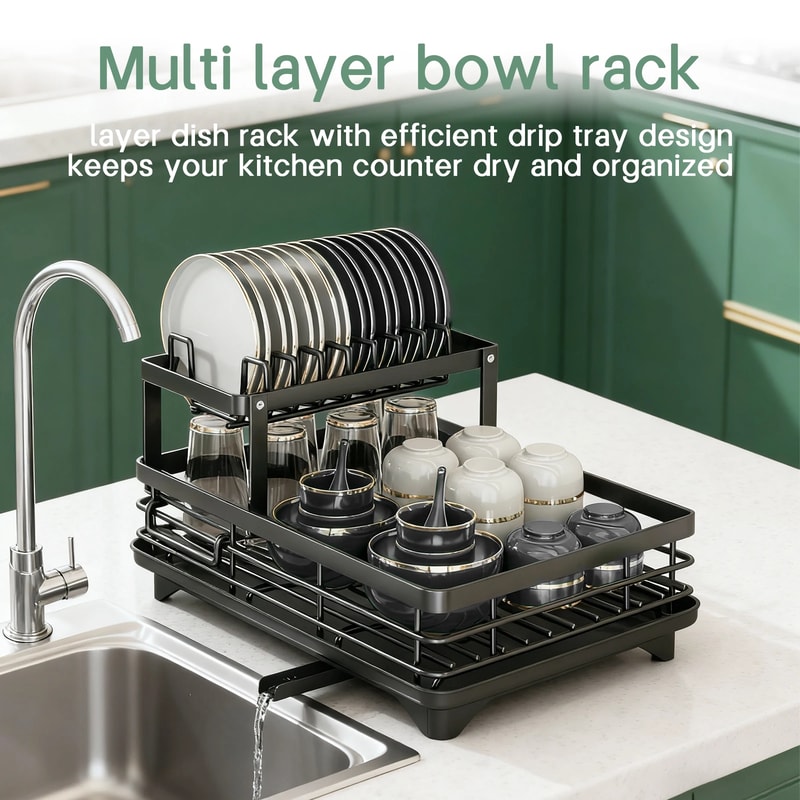 Premium Tier Kitchen Dish Rack with Drainboard Space Saving Countertop Dish Drying Rack & Cutlery Holder