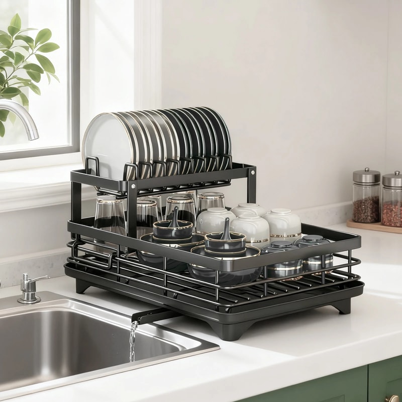 Premium Tier Kitchen Dish Rack with Drainboard Space Saving Countertop Dish Drying Rack & Cutlery Holder