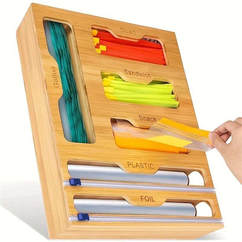 Bamboo Kitchen Wrap & Bag Organizer with Cutter Multi Slot Drawer & Wall Storage
