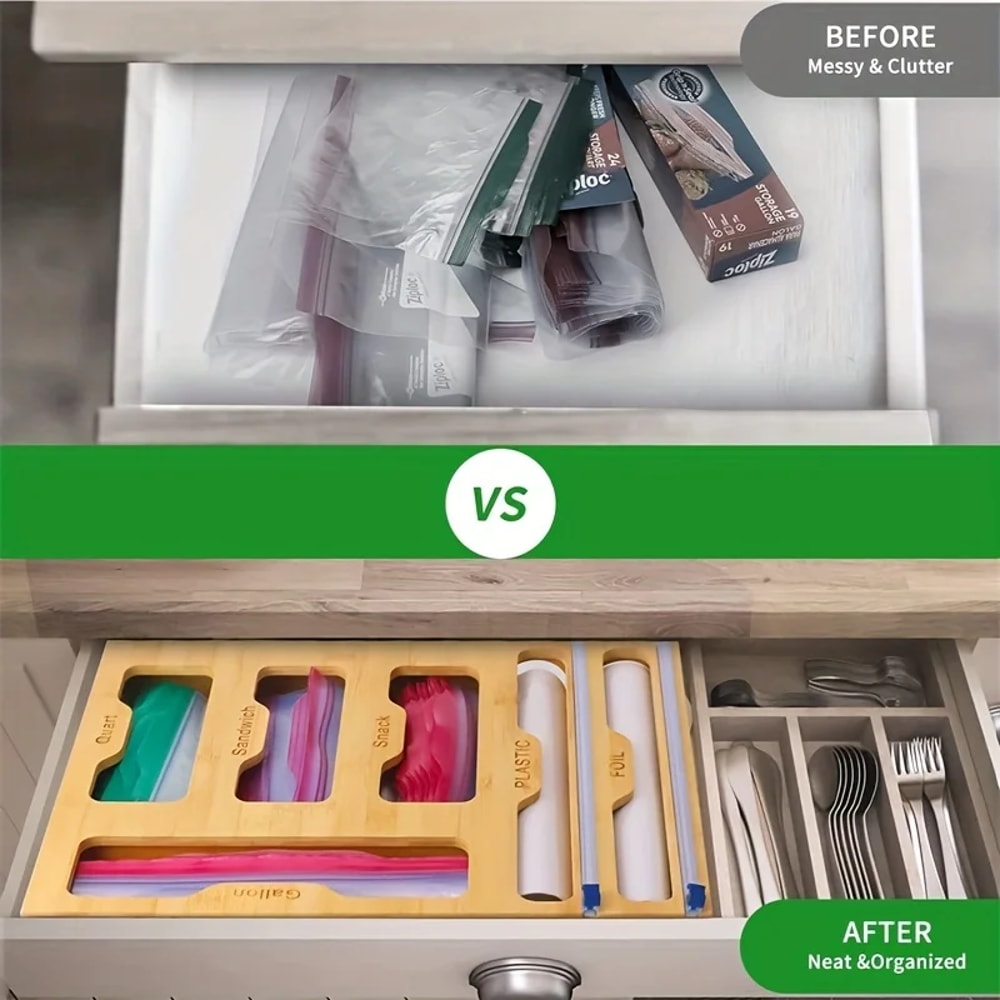 Bamboo Kitchen Wrap & Bag Organizer with Cutter Multi Slot Drawer & Wall Storage