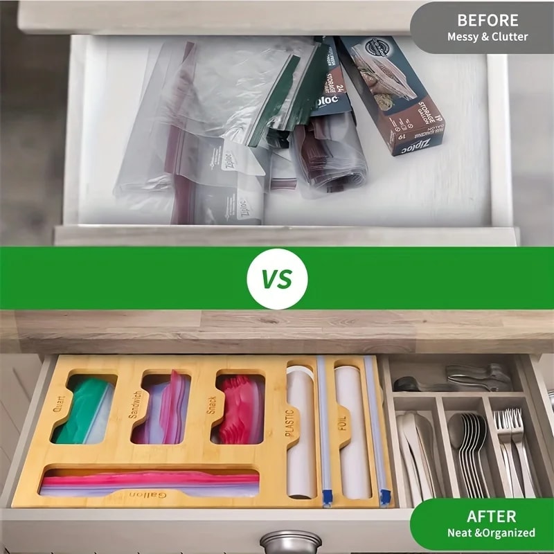 Bamboo Kitchen Wrap & Bag Organizer with Cutter Multi Slot Drawer & Wall Storage
