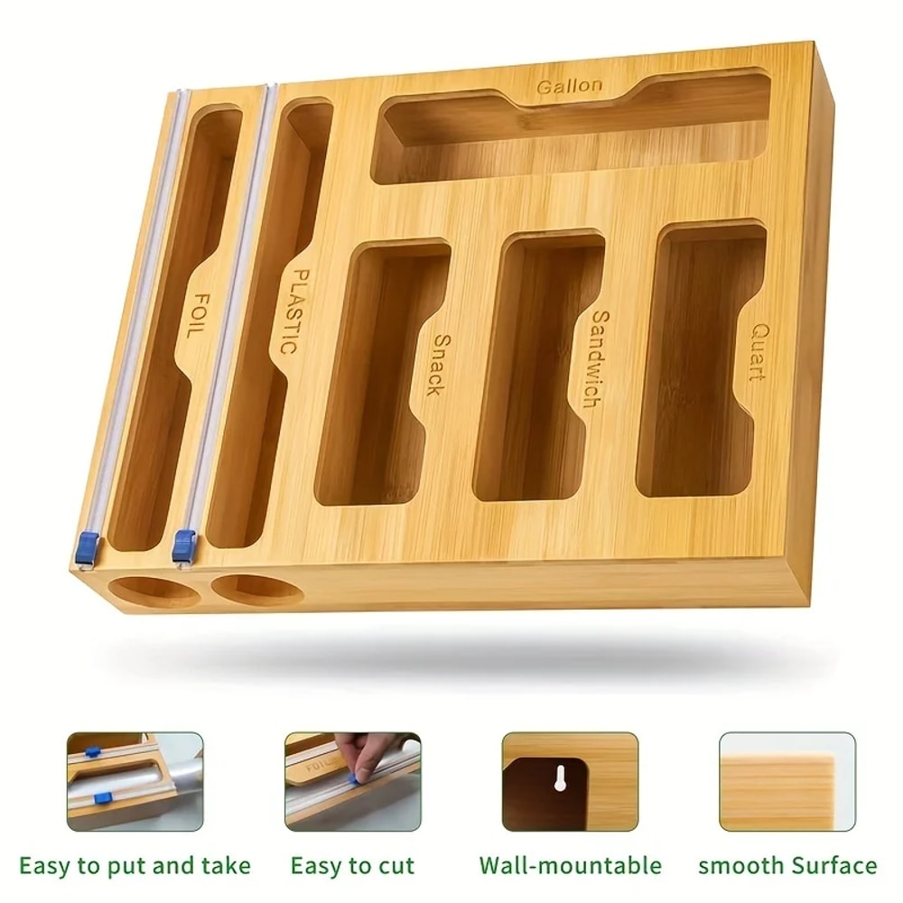 Bamboo Kitchen Wrap & Bag Organizer with Cutter Multi Slot Drawer & Wall Storage