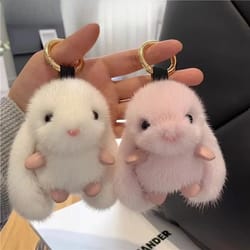 fluffy bunny plush keychain charm cute rabbit bag & car key accessory