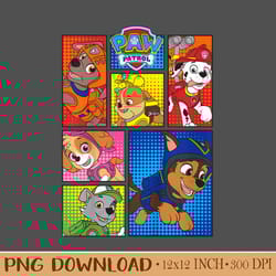 kids paw patrol pups in comic boxes t shirt design png. instant download