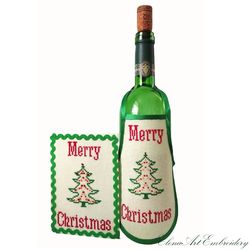 christmas holiday decoration. christmas decor for festive table. holiday bottle dress. christmas card. wine bottle apron