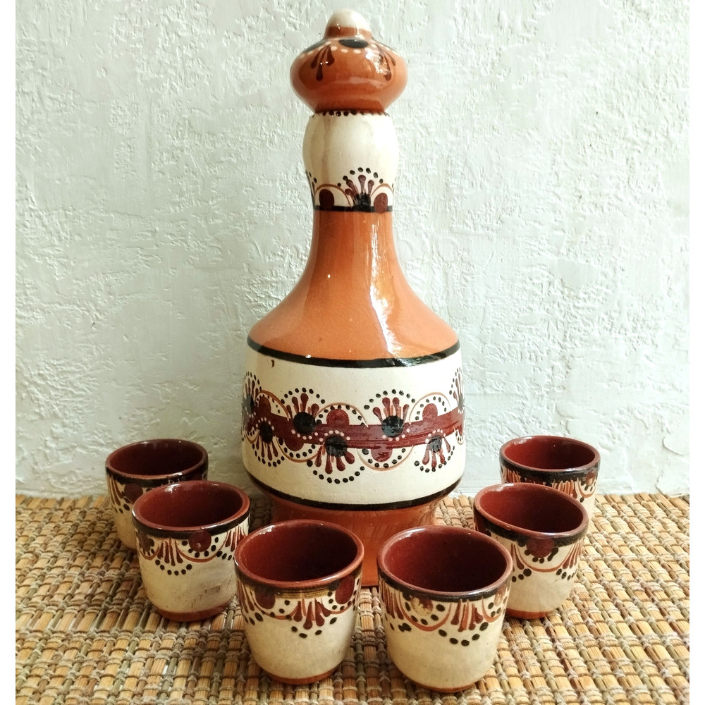 Wine Set Of Vintage Ukrainian Ceramic Wine Bottle With Six Small Wineglasses Ukrainian Majolica Gla 0