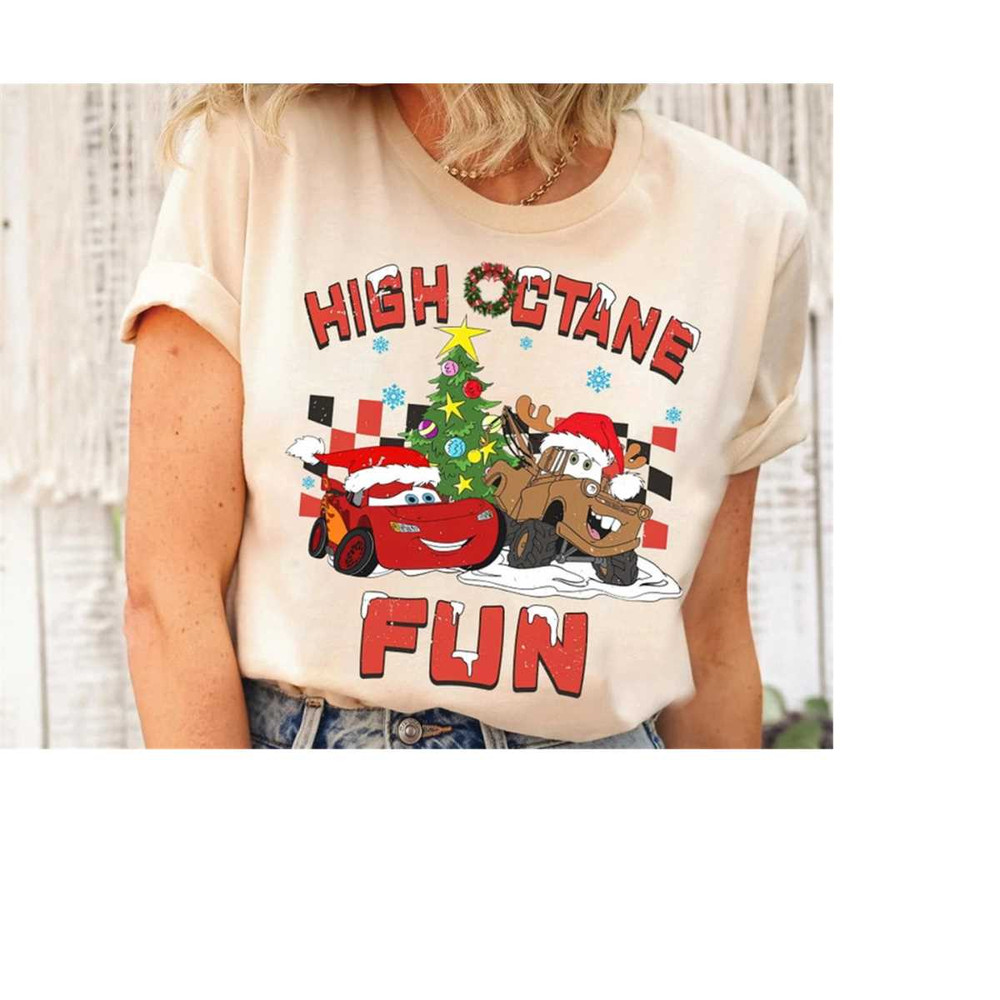 Disney Pixar Cars Christmas Cars Lightning Mcqueen and Tow Mater High Octane Fun Checkerboard Shirt, Disneyworld Christm.jpg
