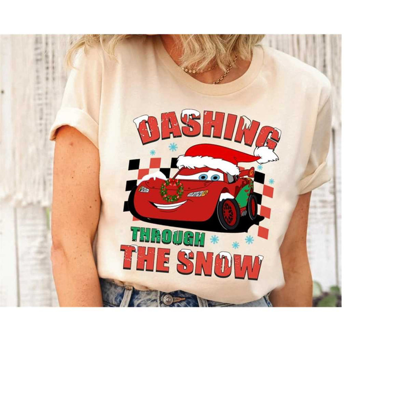 Disney Pixar Cars Christmas Cars Lightning Mcqueen Dashing Through The Snow Christmas Shirt, Disneyworld Christmas Match.jpg