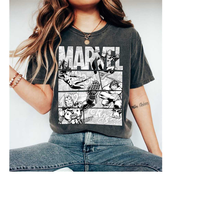 Marvel Avengers Retro Black and White Comic Graphic T-Shirt, Magic Kingdom Disneyland Disney World Tee Trip Gifts Unisex.jpg