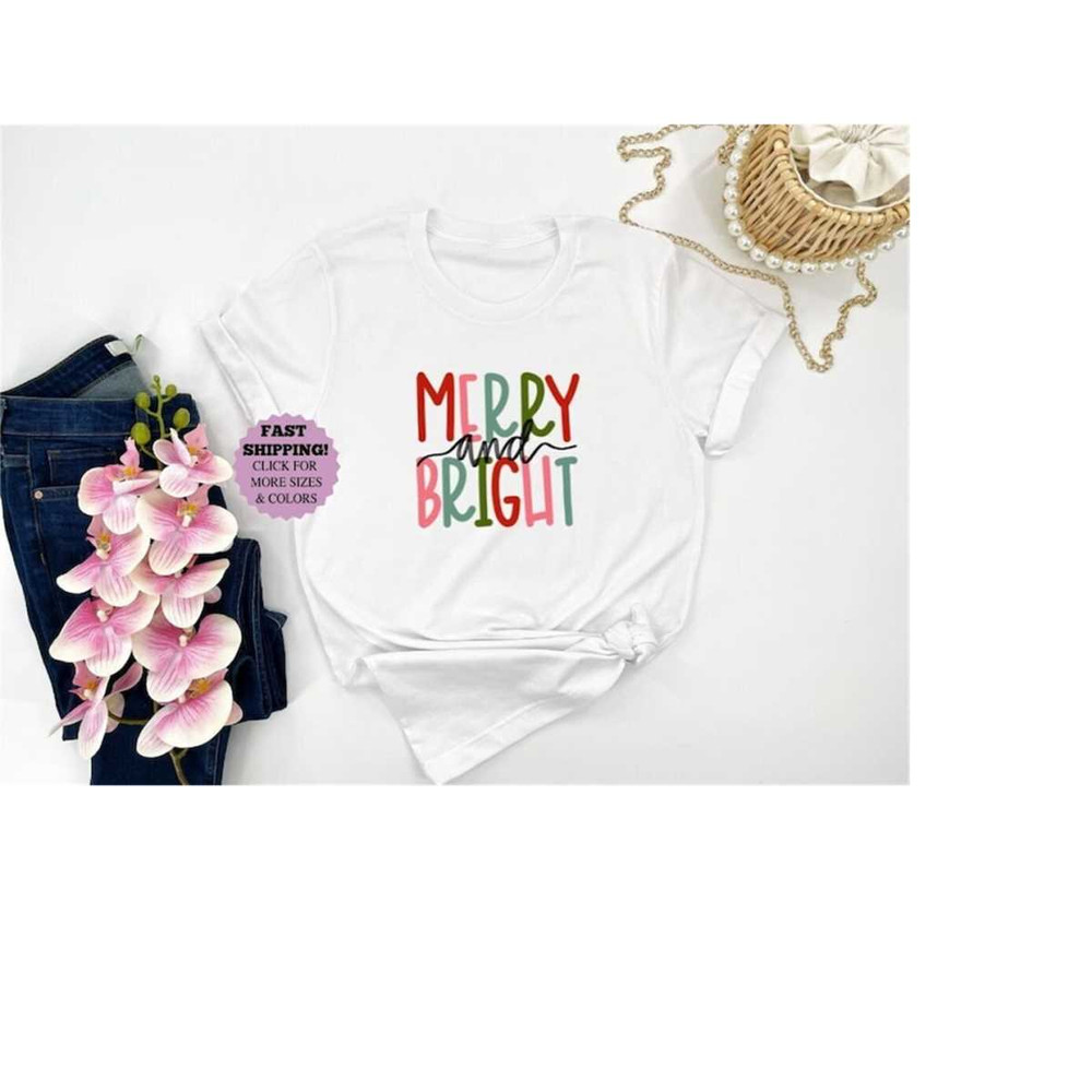 Merry and Bright Shirt, Cute Christmas T-Shirt, Holiday Unisex Graphic Tee.jpg